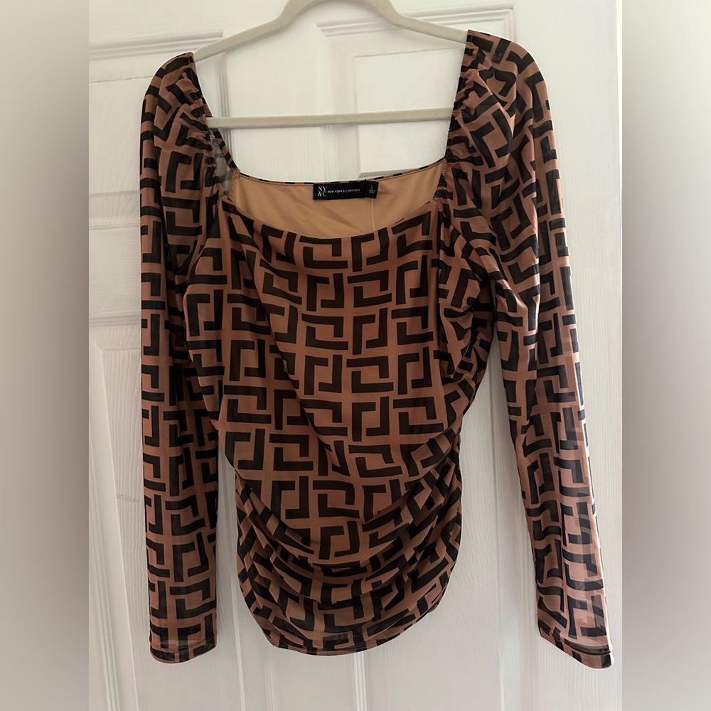 New York & Company Black and Brown Geometric Blouse - NWT